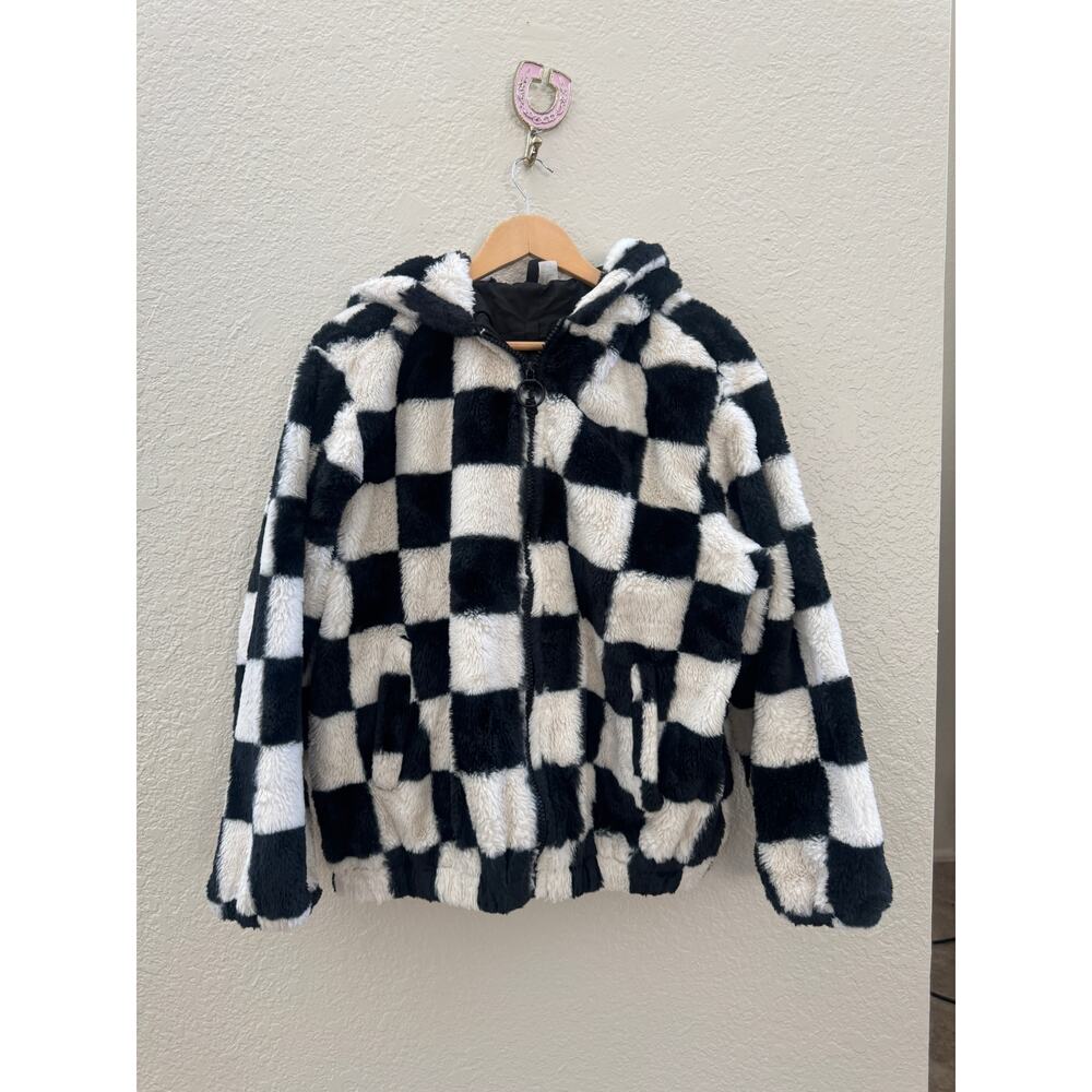 Divided Checkerboard Faux Fur Hooded Jacket in Black and White
